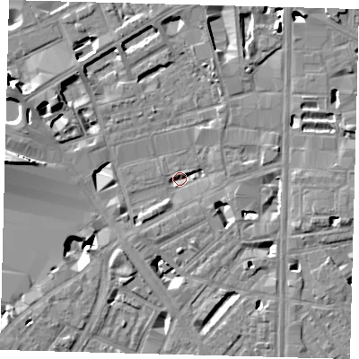 Shaded relief map of the ground around SE18LT, computed from Environment Agency LiDAR. The ground here sits at about 1 m above sea level and falls 12 m across the surrounding 800 m. Surface water reaching this point runs off ground lying to the south-west, 7.8 m higher.