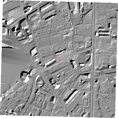 Shaded relief map of the ground around SE18LW, computed from Environment Agency LiDAR. The ground here sits at about 3 m above sea level and falls 12 m across the surrounding 800 m. Surface water reaching this point runs off ground lying to the south-south-east, 5.2 m higher.