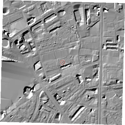 Shaded relief map of the ground around SE18LX, computed from Environment Agency LiDAR. The ground here sits at about 3 m above sea level and falls 12 m across the surrounding 800 m. Surface water reaching this point runs off ground lying to the south-west, 7.8 m higher.