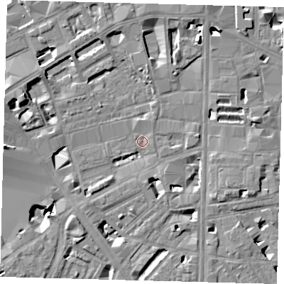 Shaded relief map of the ground around SE18NA, computed from Environment Agency LiDAR. The ground here sits at about 3 m above sea level and falls 12 m across the surrounding 800 m. Surface water reaching this point runs off ground lying to the south-west, 7.7 m higher.