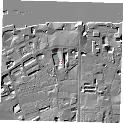 Shaded relief map of the ground around SE18ND, computed from Environment Agency LiDAR. The ground here sits at about 4 m above sea level and falls 14 m across the surrounding 800 m. Surface water reaching this point runs off ground lying to the north-north-east, 3.6 m higher.