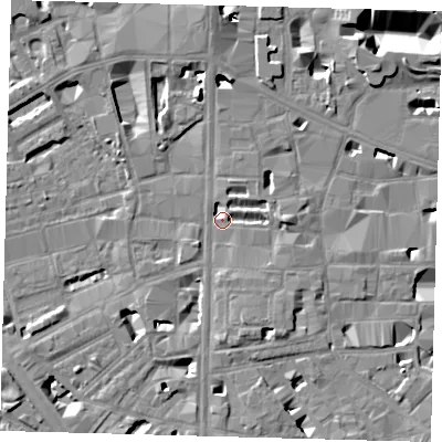 Shaded relief map of the ground around SE18NJ, computed from Environment Agency LiDAR. The ground here sits at about 4 m above sea level and falls 12 m across the surrounding 800 m. Surface water reaching this point runs off ground lying to the east, 4.4 m higher.