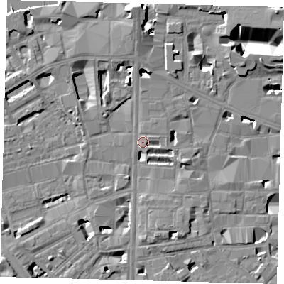 Shaded relief map of the ground around SE18NL, computed from Environment Agency LiDAR. The ground here sits at about 4 m above sea level and falls 14 m across the surrounding 800 m. Surface water reaching this point runs off ground lying to the east-south-east, 4.4 m higher.