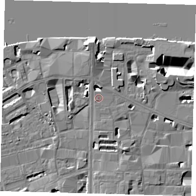 Shaded relief map of the ground around SE18NW, computed from Environment Agency LiDAR. The ground here sits at about 4 m above sea level and falls 14 m across the surrounding 800 m. Surface water reaching this point runs off ground lying to the north, 6.7 m higher.