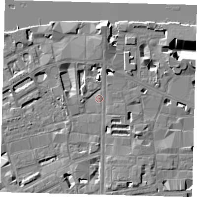 Shaded relief map of the ground around SE18NY, computed from Environment Agency LiDAR. The ground here sits at about 4 m above sea level and falls 14 m across the surrounding 800 m. Surface water reaching this point runs off ground lying to the north, 7.7 m higher.
