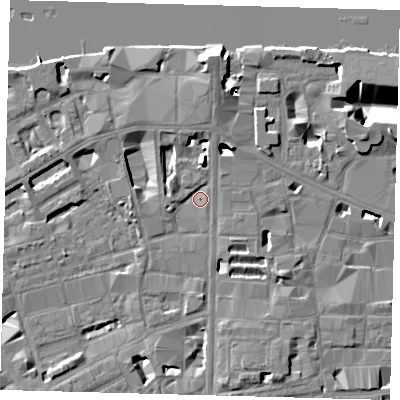 Shaded relief map of the ground around SE18PB, computed from Environment Agency LiDAR. The ground here sits at about 3 m above sea level and falls 14 m across the surrounding 800 m. Surface water reaching this point runs off ground lying to the north, 7.7 m higher.