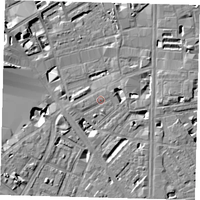 Shaded relief map of the ground around SE18PU, computed from Environment Agency LiDAR. The ground here sits at about 3 m above sea level and falls 12 m across the surrounding 800 m. Surface water reaching this point runs off ground lying to the south-south-east, 5.2 m higher.