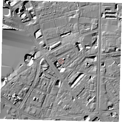 Shaded relief map of the ground around SE18PZ, computed from Environment Agency LiDAR. The ground here sits at about 3 m above sea level and falls 12 m across the surrounding 800 m. Surface water reaching this point runs off ground lying to the south-east, 5.2 m higher.