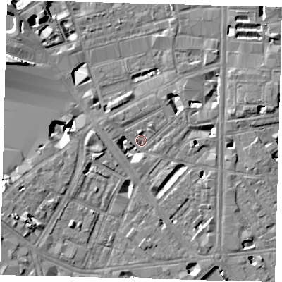 Shaded relief map of the ground around SE18QA, computed from Environment Agency LiDAR. The ground here sits at about 3 m above sea level and falls 12 m across the surrounding 800 m. Surface water reaching this point runs off ground lying to the south-south-east, 4.8 m higher.