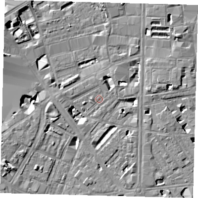 Shaded relief map of the ground around SE18QB, computed from Environment Agency LiDAR. The ground here sits at about 3 m above sea level and falls 10 m across the surrounding 800 m. Surface water reaching this point runs off ground lying to the south-south-east, 5.2 m higher.