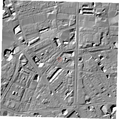 Shaded relief map of the ground around SE18QF, computed from Environment Agency LiDAR. The ground here sits at about 3 m above sea level and falls 10 m across the surrounding 800 m. Surface water reaching this point runs off ground lying to the south-south-east, 4.6 m higher.