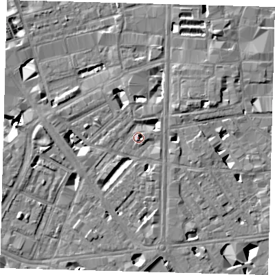 Shaded relief map of the ground around SE18QH, computed from Environment Agency LiDAR. The ground here sits at about 4 m above sea level and falls 10 m across the surrounding 800 m. Surface water reaching this point runs off ground lying to the south, 4.6 m higher.