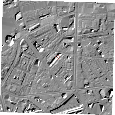 Shaded relief map of the ground around SE18QP, computed from Environment Agency LiDAR. The ground here sits at about 2 m above sea level and falls 10 m across the surrounding 800 m. Surface water reaching this point runs off ground lying to the south-south-east, 4.4 m higher.
