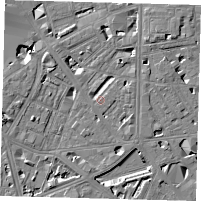 Shaded relief map of the ground around SE18QS, computed from Environment Agency LiDAR. The ground here sits at about 4 m above sea level and falls 8 m across the surrounding 800 m. Surface water reaching this point runs off ground lying to the east, 0.9 m higher.