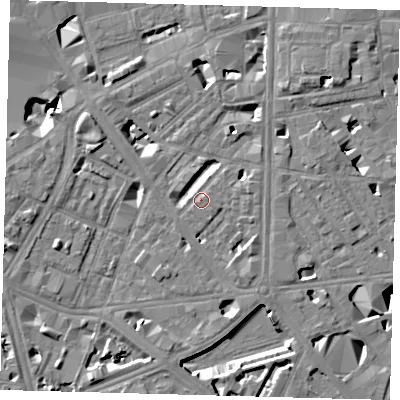 Shaded relief map of the ground around SE18QT, computed from Environment Agency LiDAR. The ground here sits at about 4 m above sea level and falls 10 m across the surrounding 800 m. Surface water reaching this point runs off ground lying to the south-east, 4.4 m higher.