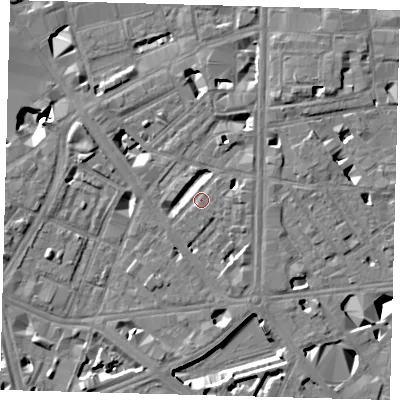 Shaded relief map of the ground around SE18QU, computed from Environment Agency LiDAR. The ground here sits at about 4 m above sea level and falls 10 m across the surrounding 800 m. Surface water reaching this point runs off ground lying to the south-south-east, 4.4 m higher.