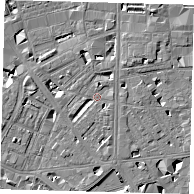 Shaded relief map of the ground around SE18QW, computed from Environment Agency LiDAR. The ground here sits at about 3 m above sea level and falls 10 m across the surrounding 800 m. Surface water reaching this point runs off ground lying to the south-south-east, 4.4 m higher.