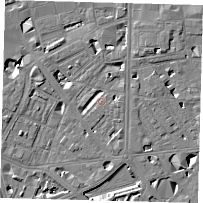 Shaded relief map of the ground around SE18QX, computed from Environment Agency LiDAR. The ground here sits at about 4 m above sea level and falls 10 m across the surrounding 800 m. Surface water reaching this point runs off ground lying to the south-south-east, 4.4 m higher.