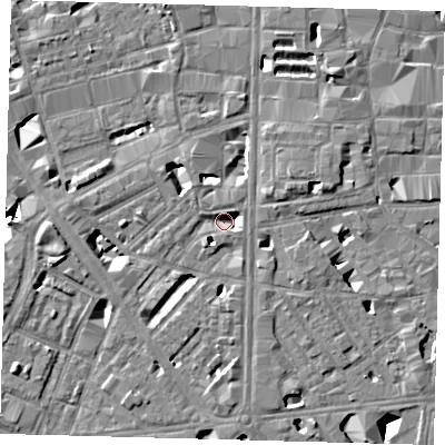 Shaded relief map of the ground around SE18RB, computed from Environment Agency LiDAR. The ground here sits at about 2 m above sea level and falls 10 m across the surrounding 800 m. Surface water reaching this point runs off ground lying to the south, 4.6 m higher.