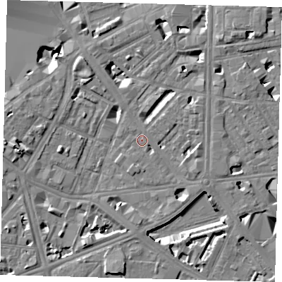 Shaded relief map of the ground around SE18RD, computed from Environment Agency LiDAR. The ground here sits at about 3 m above sea level and falls 9 m across the surrounding 800 m. Surface water reaching this point runs off ground lying to the east-south-east, 2.1 m higher.
