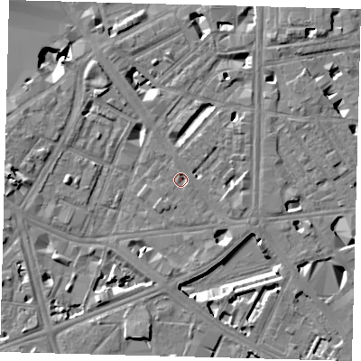 Shaded relief map of the ground around SE18RG, computed from Environment Agency LiDAR. The ground here sits at about 3 m above sea level and falls 9 m across the surrounding 800 m. Surface water reaching this point runs off ground lying to the east-south-east, 2.1 m higher.