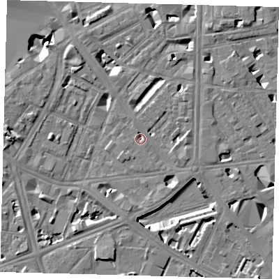Shaded relief map of the ground around SE18RH, computed from Environment Agency LiDAR. The ground here sits at about 3 m above sea level and falls 9 m across the surrounding 800 m. Surface water reaching this point runs off ground lying to the east-south-east, 2.1 m higher.