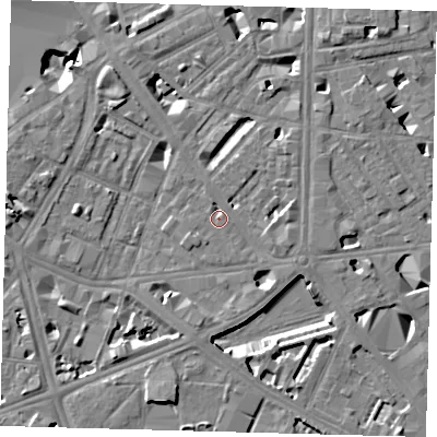 Shaded relief map of the ground around SE18RP, computed from Environment Agency LiDAR. The ground here sits at about 4 m above sea level and falls 8 m across the surrounding 800 m. Surface water reaching this point runs off ground lying to the east-south-east, 2.1 m higher.