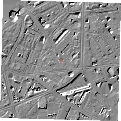 Shaded relief map of the ground around SE18RQ, computed from Environment Agency LiDAR. The ground here sits at about 3 m above sea level and falls 8 m across the surrounding 800 m. Surface water reaching this point runs off ground lying to the east-south-east, 1.7 m higher.