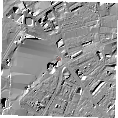Shaded relief map of the ground around SE18SB, computed from Environment Agency LiDAR. The ground here sits at about 3 m above sea level and falls 13 m across the surrounding 800 m. Surface water reaching this point runs off ground lying to the south-west, 7.9 m higher.