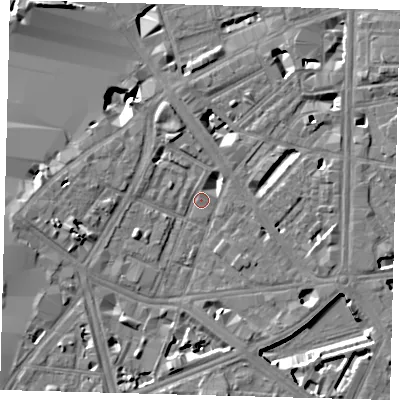 Shaded relief map of the ground around SE18SD, computed from Environment Agency LiDAR. The ground here sits at about 3 m above sea level and falls 12 m across the surrounding 800 m. Surface water reaching this point runs off ground lying to the north-north-west, 4.1 m higher.