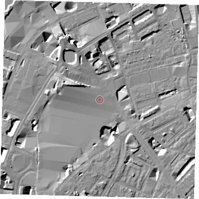 Shaded relief map of the ground around SE18SF, computed from Environment Agency LiDAR. The ground here sits at about 4 m above sea level and falls 13 m across the surrounding 800 m. Surface water reaching this point runs off ground lying to the west-north-west, 0.8 m higher.