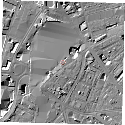 Shaded relief map of the ground around SE18SJ, computed from Environment Agency LiDAR. The ground here sits at about 4 m above sea level and falls 12 m across the surrounding 800 m. Surface water reaching this point runs off ground lying to the south-west, 2.2 m higher.