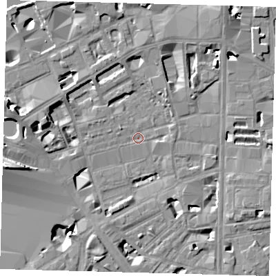 Shaded relief map of the ground around SE18SP, computed from Environment Agency LiDAR. The ground here sits at about 3 m above sea level and falls 15 m across the surrounding 800 m. Surface water reaching this point runs off ground lying to the west-south-west, 12.0 m higher.