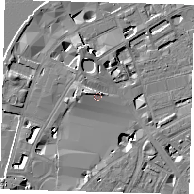 Shaded relief map of the ground around SE18SQ, computed from Environment Agency LiDAR. The ground here sits at about 6 m above sea level and falls 13 m across the surrounding 800 m. Surface water reaching this point runs off ground lying to the north-east, 5.6 m higher.