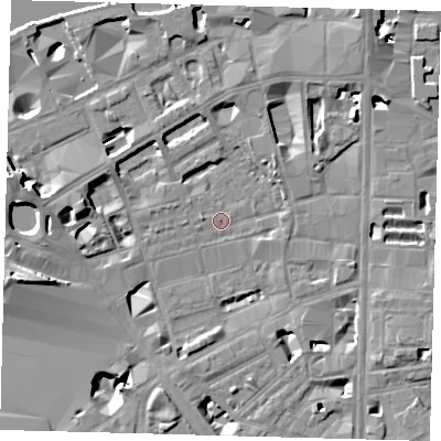 Shaded relief map of the ground around SE18SS, computed from Environment Agency LiDAR. The ground here sits at about 3 m above sea level and falls 15 m across the surrounding 800 m. Surface water reaching this point runs off ground lying to the west-south-west, 9.7 m higher.