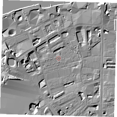 Shaded relief map of the ground around SE18TA, computed from Environment Agency LiDAR. The ground here sits at about 3 m above sea level and falls 15 m across the surrounding 800 m. Surface water reaching this point runs off ground lying to the west-south-west, 9.7 m higher.