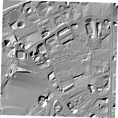 Shaded relief map of the ground around SE18TB, computed from Environment Agency LiDAR. The ground here sits at about 3 m above sea level and falls 15 m across the surrounding 800 m. Surface water reaching this point runs off ground lying to the west-north-west, 6.1 m higher.