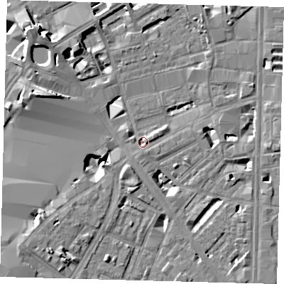 Shaded relief map of the ground around SE18TE, computed from Environment Agency LiDAR. The ground here sits at about 2 m above sea level and falls 13 m across the surrounding 800 m. Surface water reaching this point runs off ground lying to the south-east, 5.2 m higher.
