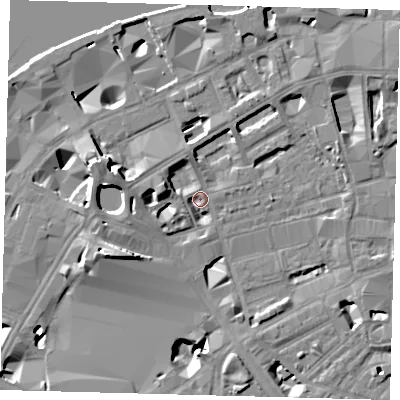 Shaded relief map of the ground around SE18TH, computed from Environment Agency LiDAR. The ground here sits at about 3 m above sea level and falls 13 m across the surrounding 800 m. Surface water reaching this point runs off ground lying to the south-west, 10.7 m higher.