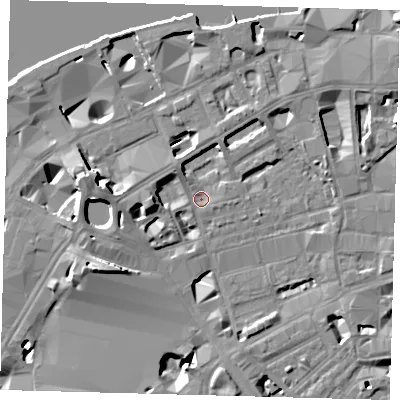 Shaded relief map of the ground around SE18TJ, computed from Environment Agency LiDAR. The ground here sits at about 3 m above sea level and falls 13 m across the surrounding 800 m. Surface water reaching this point runs off ground lying to the west, 5.1 m higher.