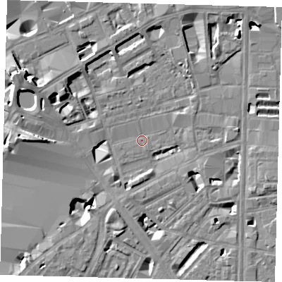Shaded relief map of the ground around SE18TP, computed from Environment Agency LiDAR. The ground here sits at about 3 m above sea level and falls 12 m across the surrounding 800 m. Surface water reaching this point runs off ground lying to the south-west, 7.9 m higher.