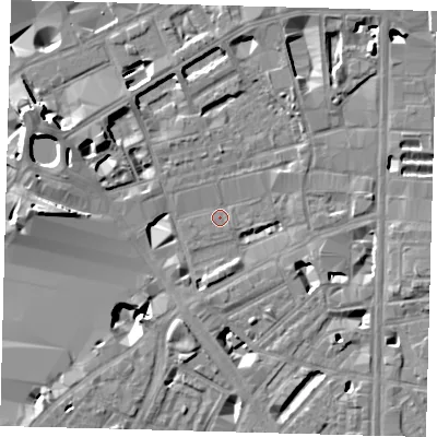 Shaded relief map of the ground around SE18TR, computed from Environment Agency LiDAR. The ground here sits at about 3 m above sea level and falls 12 m across the surrounding 800 m. Surface water reaching this point runs off ground lying to the south-west, 7.9 m higher.