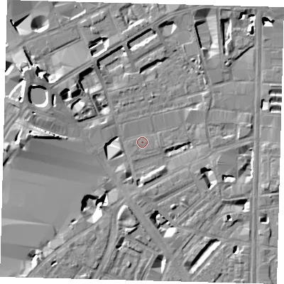 Shaded relief map of the ground around SE18TS, computed from Environment Agency LiDAR. The ground here sits at about 3 m above sea level and falls 12 m across the surrounding 800 m. Surface water reaching this point runs off ground lying to the west, 12.0 m higher.