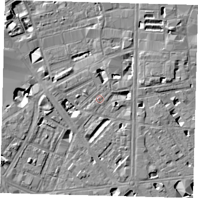 Shaded relief map of the ground around SE18TU, computed from Environment Agency LiDAR. The ground here sits at about 3 m above sea level and falls 9 m across the surrounding 800 m. Surface water reaching this point runs off ground lying to the south-south-east, 4.8 m higher.