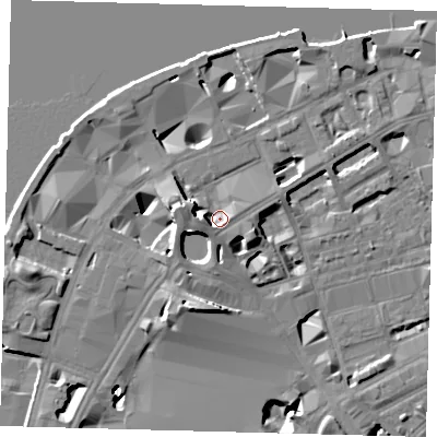 Shaded relief map of the ground around SE18TX, computed from Environment Agency LiDAR. The ground here sits at about 5 m above sea level and falls 13 m across the surrounding 800 m. Surface water reaching this point runs off ground lying to the west-north-west, 6.3 m higher.