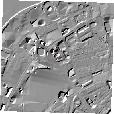 Shaded relief map of the ground around SE18TY, computed from Environment Agency LiDAR. The ground here sits at about 4 m above sea level and falls 13 m across the surrounding 800 m. Surface water reaching this point runs off ground lying to the north-west, 2.3 m higher.