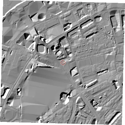 Shaded relief map of the ground around SE18UD, computed from Environment Agency LiDAR. The ground here sits at about 3 m above sea level and falls 13 m across the surrounding 800 m. Surface water reaching this point runs off ground lying to the west-south-west, 10.7 m higher.