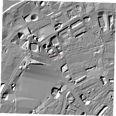 Shaded relief map of the ground around SE18UE, computed from Environment Agency LiDAR. The ground here sits at about 3 m above sea level and falls 13 m across the surrounding 800 m. Surface water reaching this point runs off ground lying to the west-south-west, 10.7 m higher.