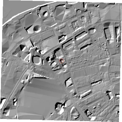 Shaded relief map of the ground around SE18UF, computed from Environment Agency LiDAR. The ground here sits at about 2 m above sea level and falls 13 m across the surrounding 800 m. Surface water reaching this point runs off ground lying to the south-west, 10.7 m higher.