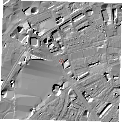 Shaded relief map of the ground around SE18UH, computed from Environment Agency LiDAR. The ground here sits at about 4 m above sea level and falls 13 m across the surrounding 800 m. Surface water reaching this point runs off ground lying to the south-south-east, 3.9 m higher.
